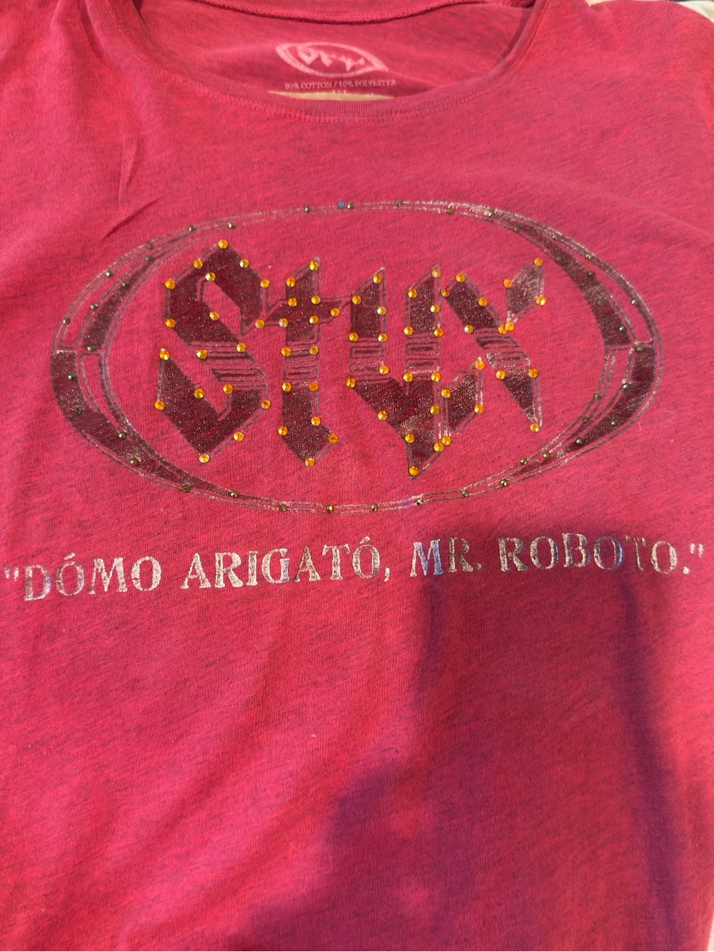STYX band shirt, Women’s wine- Red T-Shirt with hand placed gold rhinestones